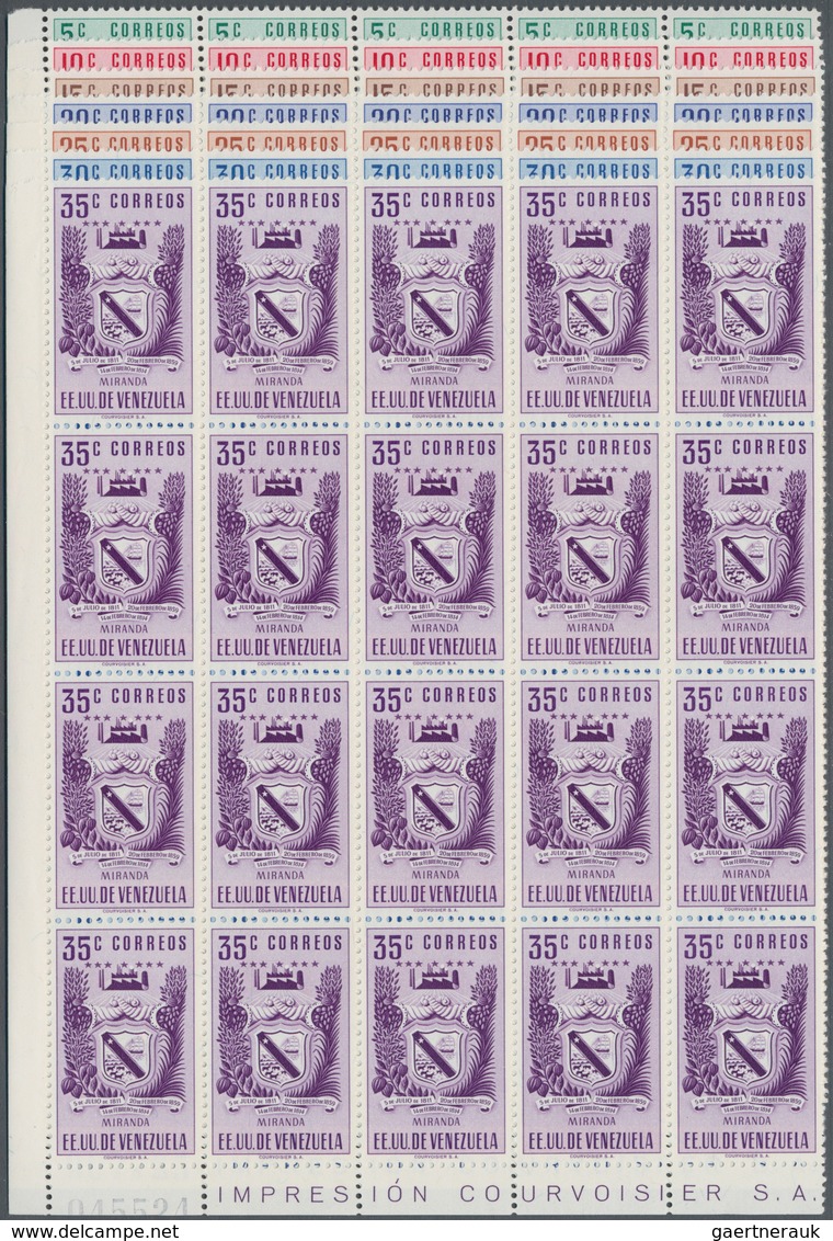 Venezuela: 1952, Coat Of Arms 'MIRANDA‘ Normal Stamps Complete Set Of Seven In Blocks Of 20 From Low - Venezuela