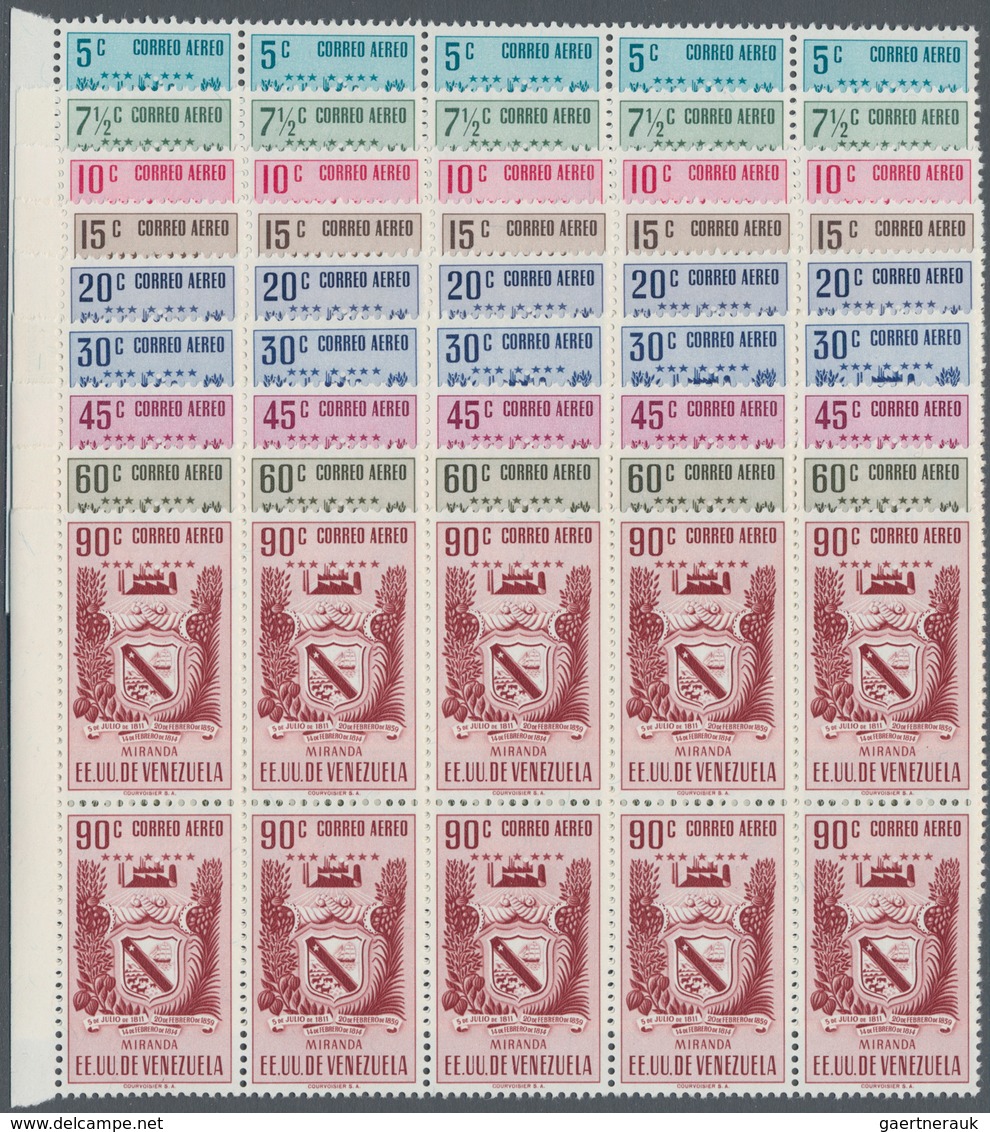 Venezuela: 1952, Coat Of Arms 'MIRANDA‘ Airmail Stamps Complete Set Of Nine In Blocks Of Ten From Le - Venezuela