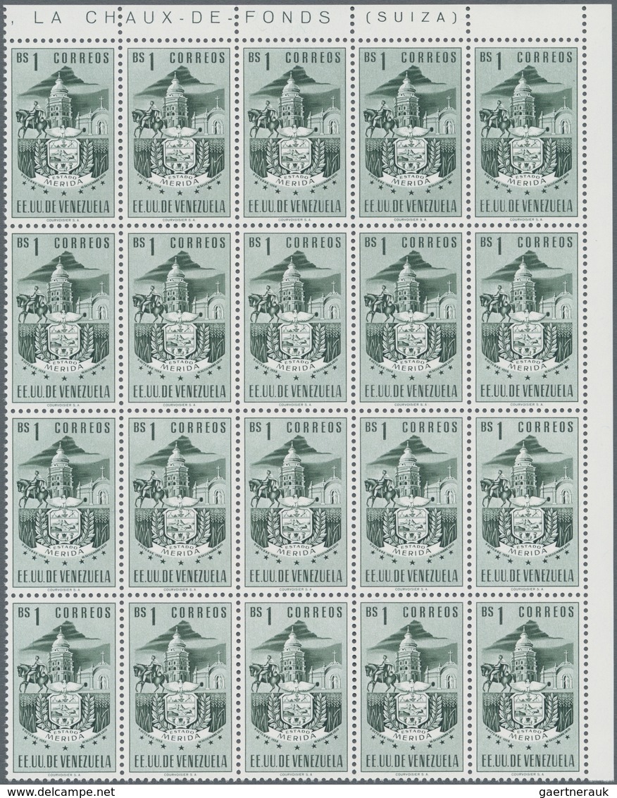 Venezuela: 1953, Coat Of Arms 'MERIDA‘ Normal Stamps Complete Set Of Seven In Blocks Of 20 From Uppe - Venezuela