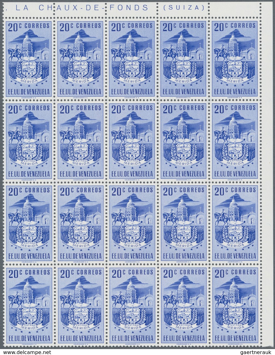 Venezuela: 1953, Coat Of Arms 'MERIDA‘ Normal Stamps Complete Set Of Seven In Blocks Of 20 From Uppe - Venezuela