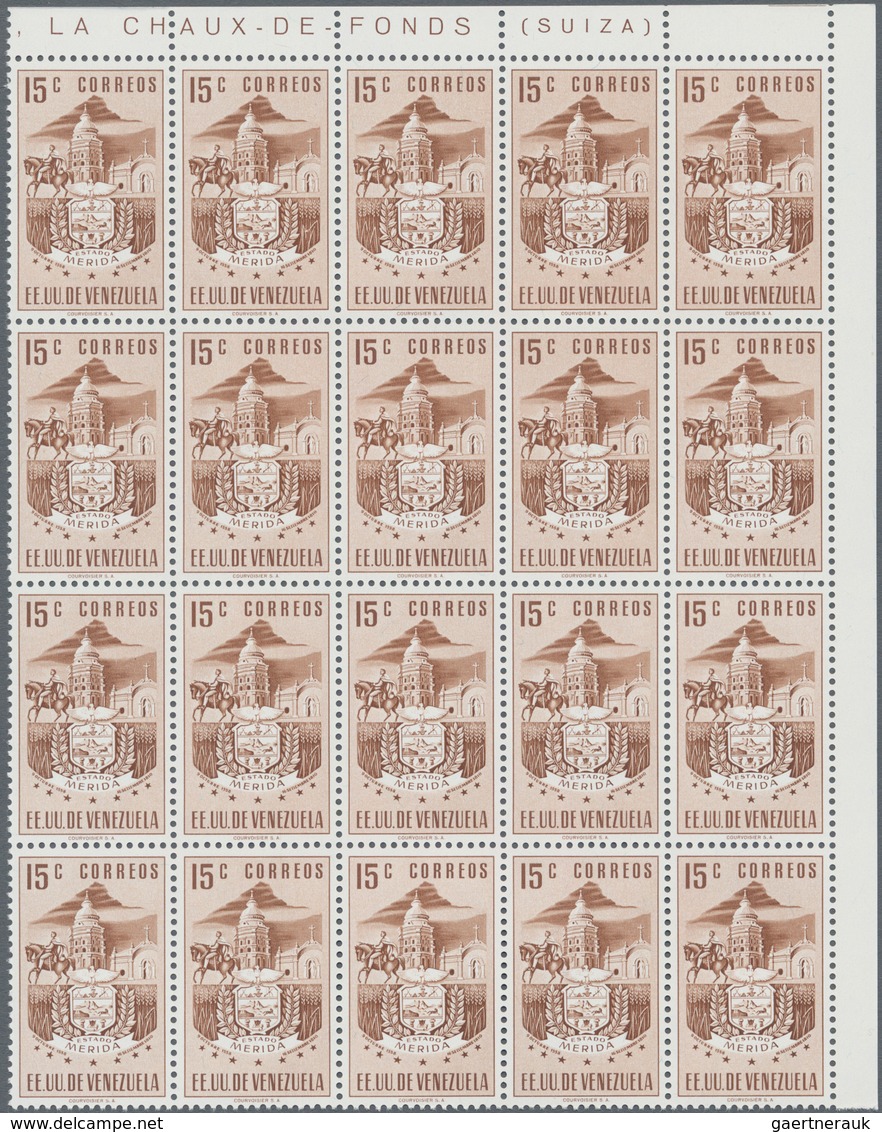 Venezuela: 1953, Coat Of Arms 'MERIDA‘ Normal Stamps Complete Set Of Seven In Blocks Of 20 From Uppe - Venezuela