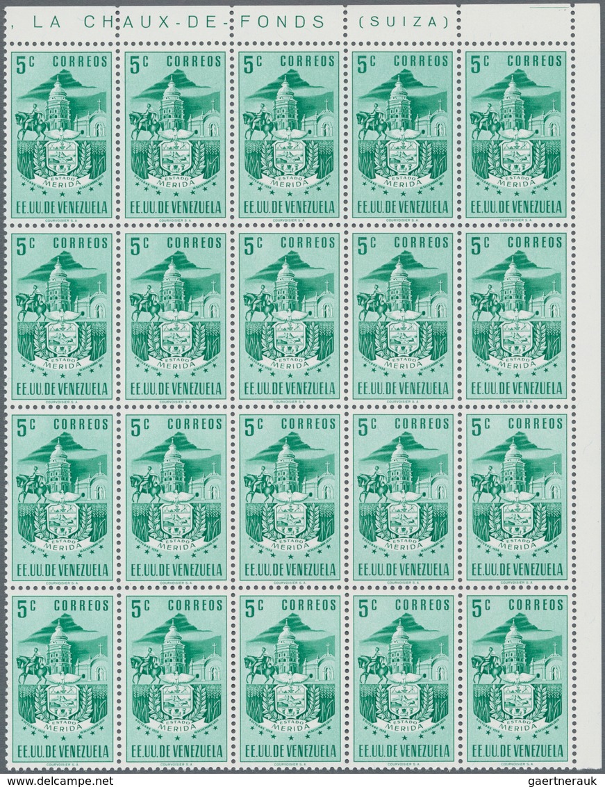 Venezuela: 1953, Coat of Arms 'MERIDA‘ normal stamps complete set of seven in blocks of 20 from uppe
