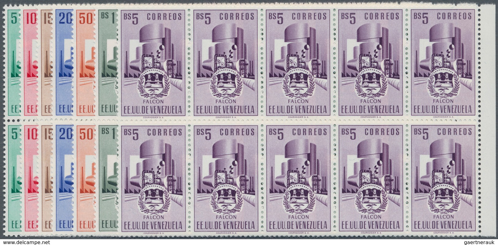 Venezuela: 1953, Coat Of Arms 'FALCON‘ Normal Stamps Complete Set Of Seven In Blocks Of Ten From Rig - Venezuela