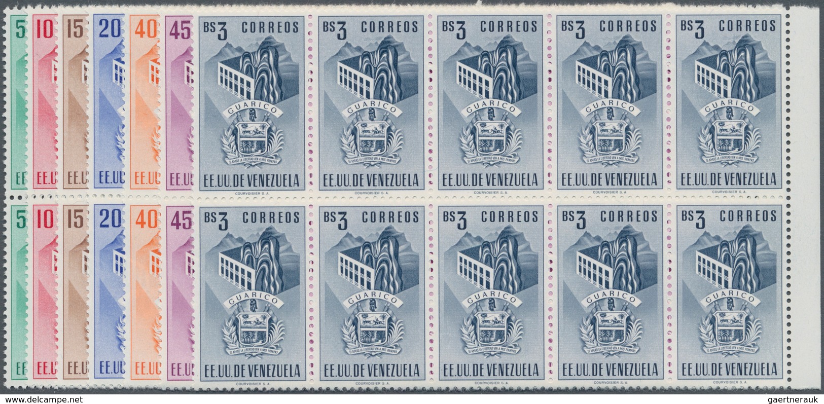 Venezuela: 1953, Coat Of Arms 'GUARICO‘ Normal Stamps Complete Set Of Seven In Blocks Of Ten From Ri - Venezuela