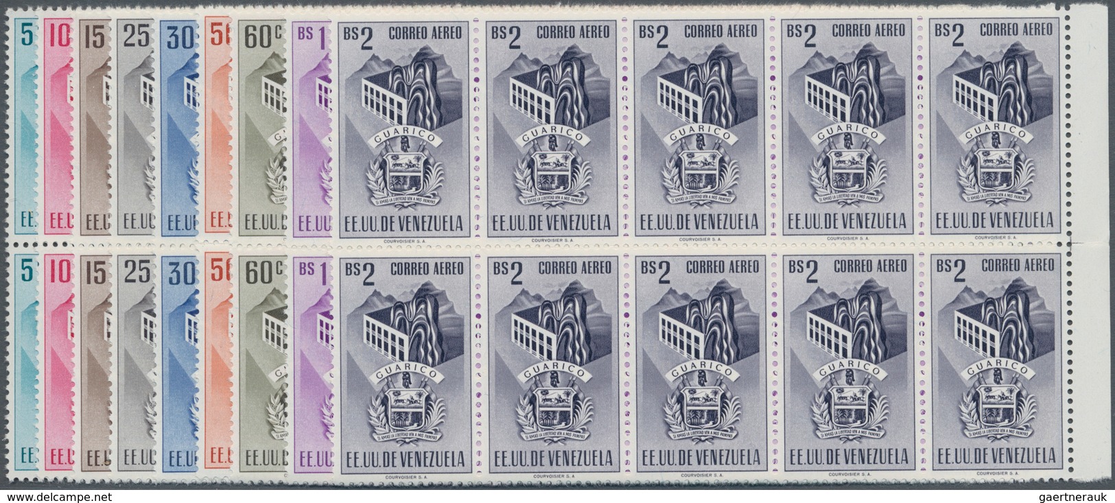 Venezuela: 1953, Coat Of Arms 'GUARICO‘ Airmail Stamps Complete Set Of Nine In Blocks Of Ten From Ri - Venezuela