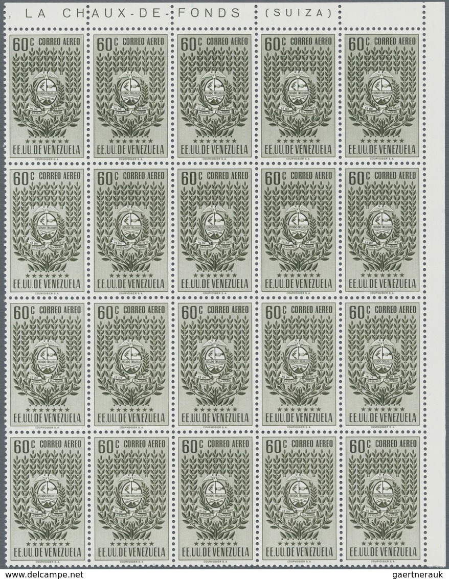 Venezuela: 1953, Coat Of Arms 'TRUJILLO‘ Airmail Stamps Complete Set Of Seven In Blocks Of 20 From U - Venezuela