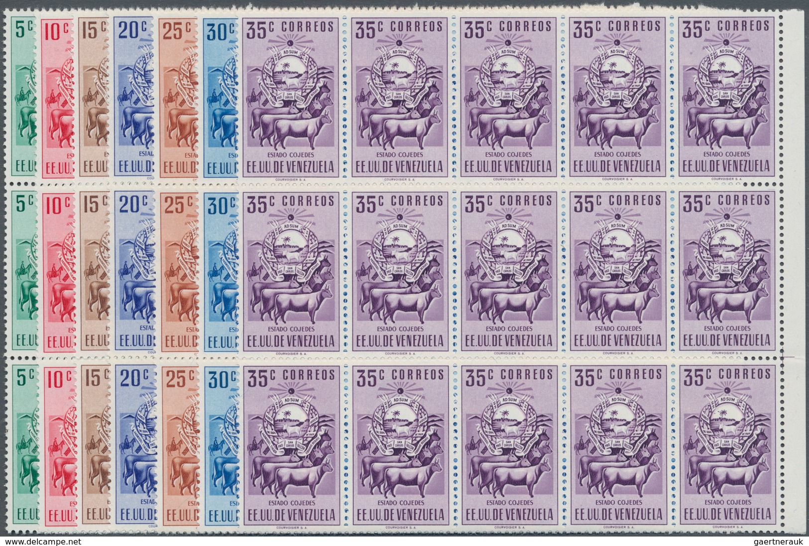 Venezuela: 1953, Coat Of Arms 'COJEDES‘ Normal Stamps Complete Set Of Seven In Blocks Of 15, Mint Ne - Venezuela