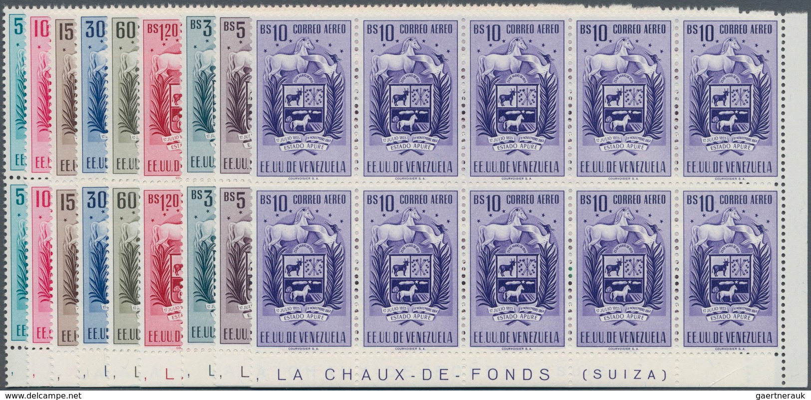 Venezuela: 1953, Coat Of Arms 'APURE‘ Airmail Stamps Complete Set Of Nine In Blocks Of Ten From Lowe - Venezuela