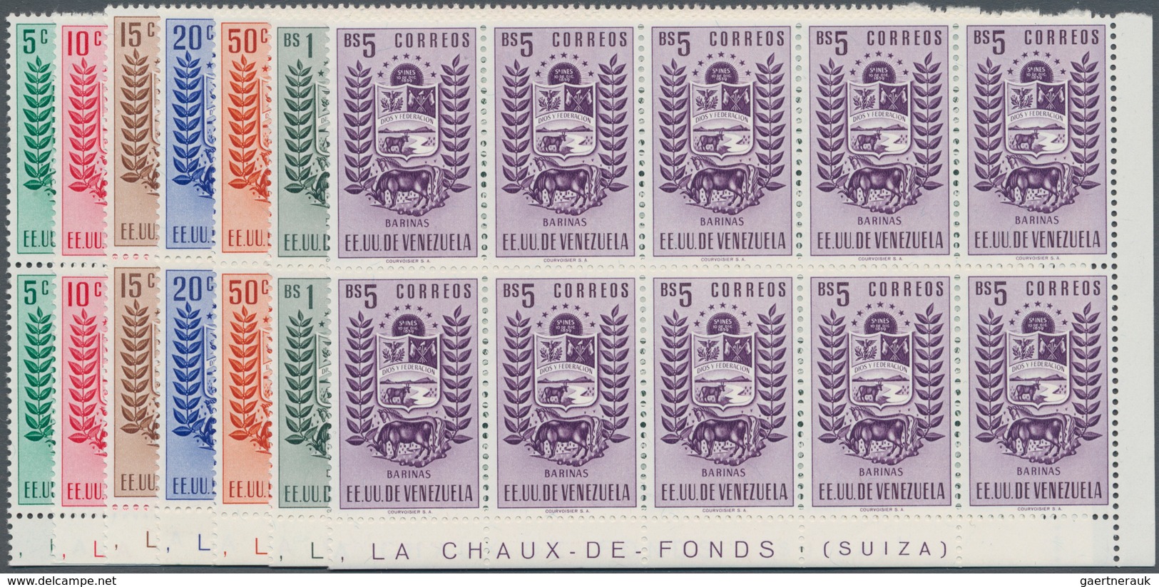 Venezuela: 1953, Coat Of Arms 'BARINAS‘ Normal Stamps Complete Set Of Seven In Blocks Of Ten From Lo - Venezuela