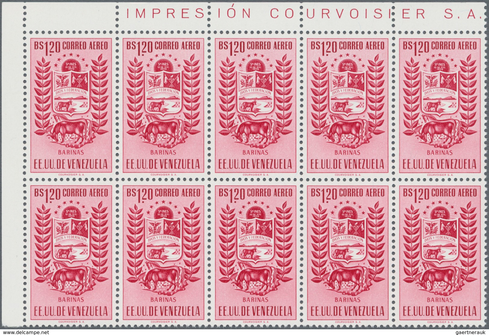 Venezuela: 1953, Coat Of Arms 'BARINAS‘ Airmail Stamps Complete Set Of Nine In Blocks Of Ten From Di - Venezuela