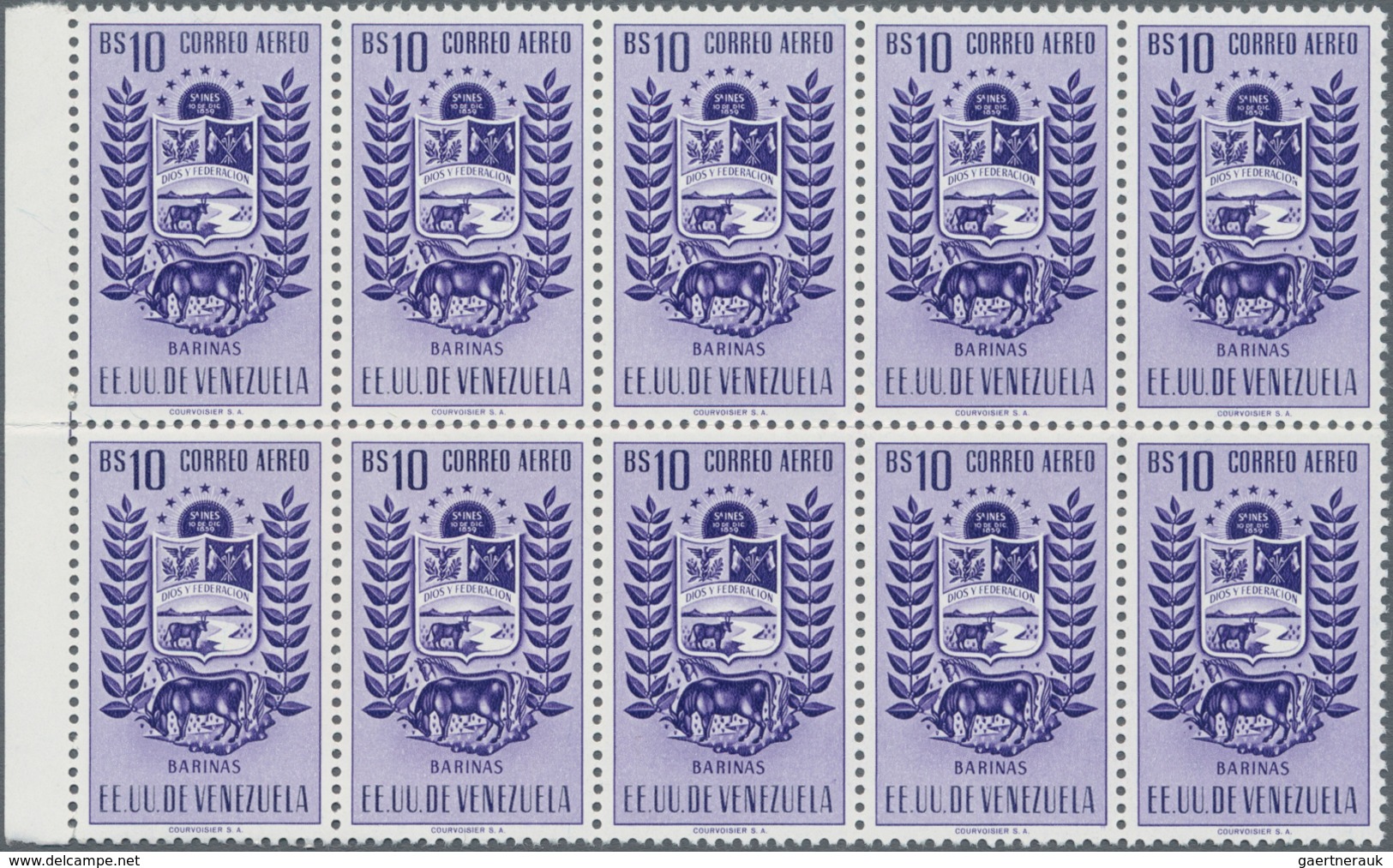 Venezuela: 1953, Coat Of Arms 'BARINAS‘ Airmail Stamps Complete Set Of Nine In Blocks Of Ten From Di - Venezuela