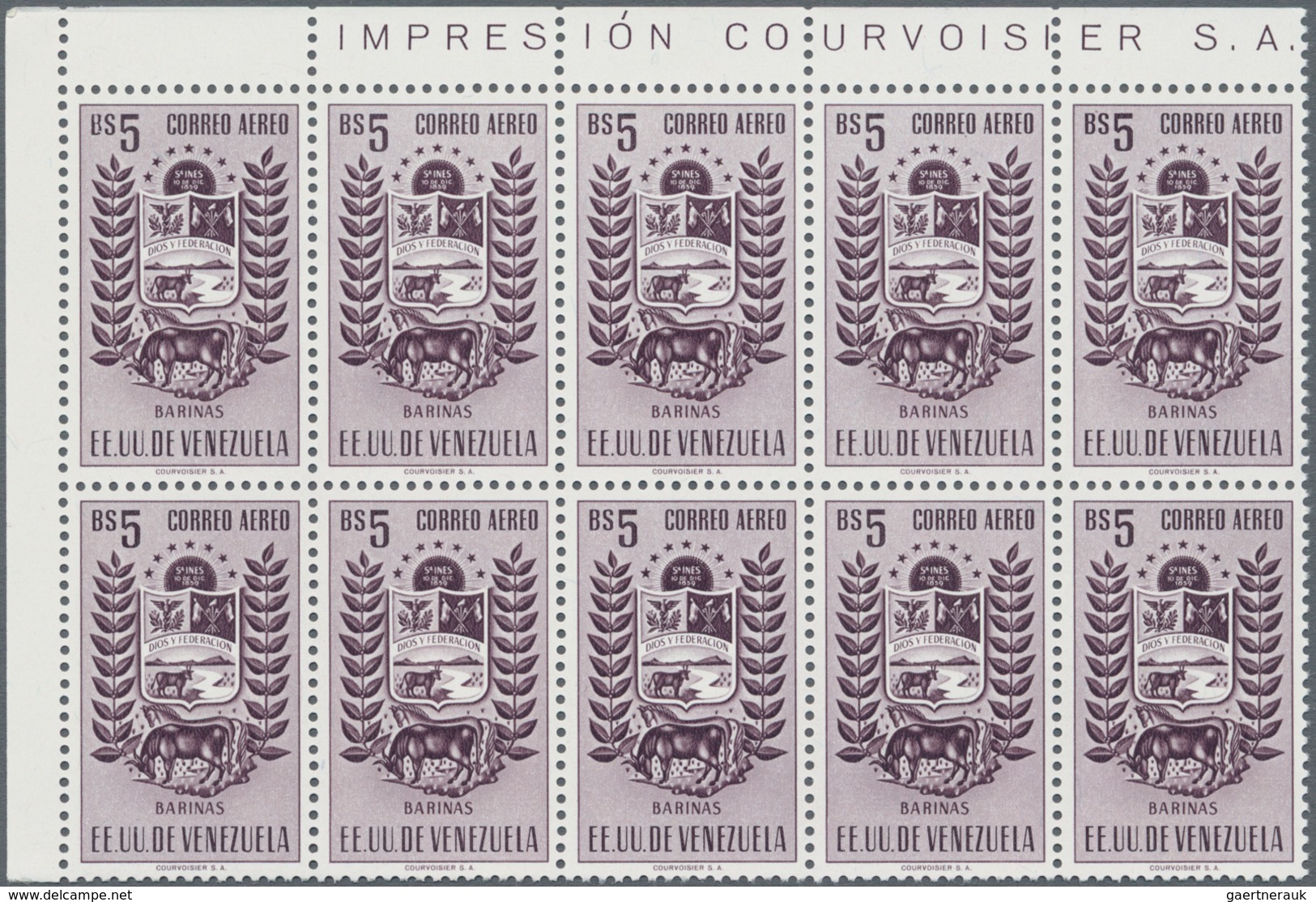 Venezuela: 1953, Coat Of Arms 'BARINAS‘ Airmail Stamps Complete Set Of Nine In Blocks Of Ten From Di - Venezuela