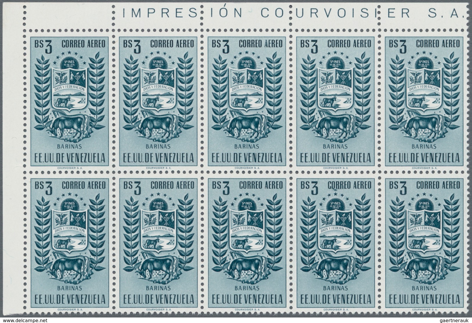 Venezuela: 1953, Coat Of Arms 'BARINAS‘ Airmail Stamps Complete Set Of Nine In Blocks Of Ten From Di - Venezuela