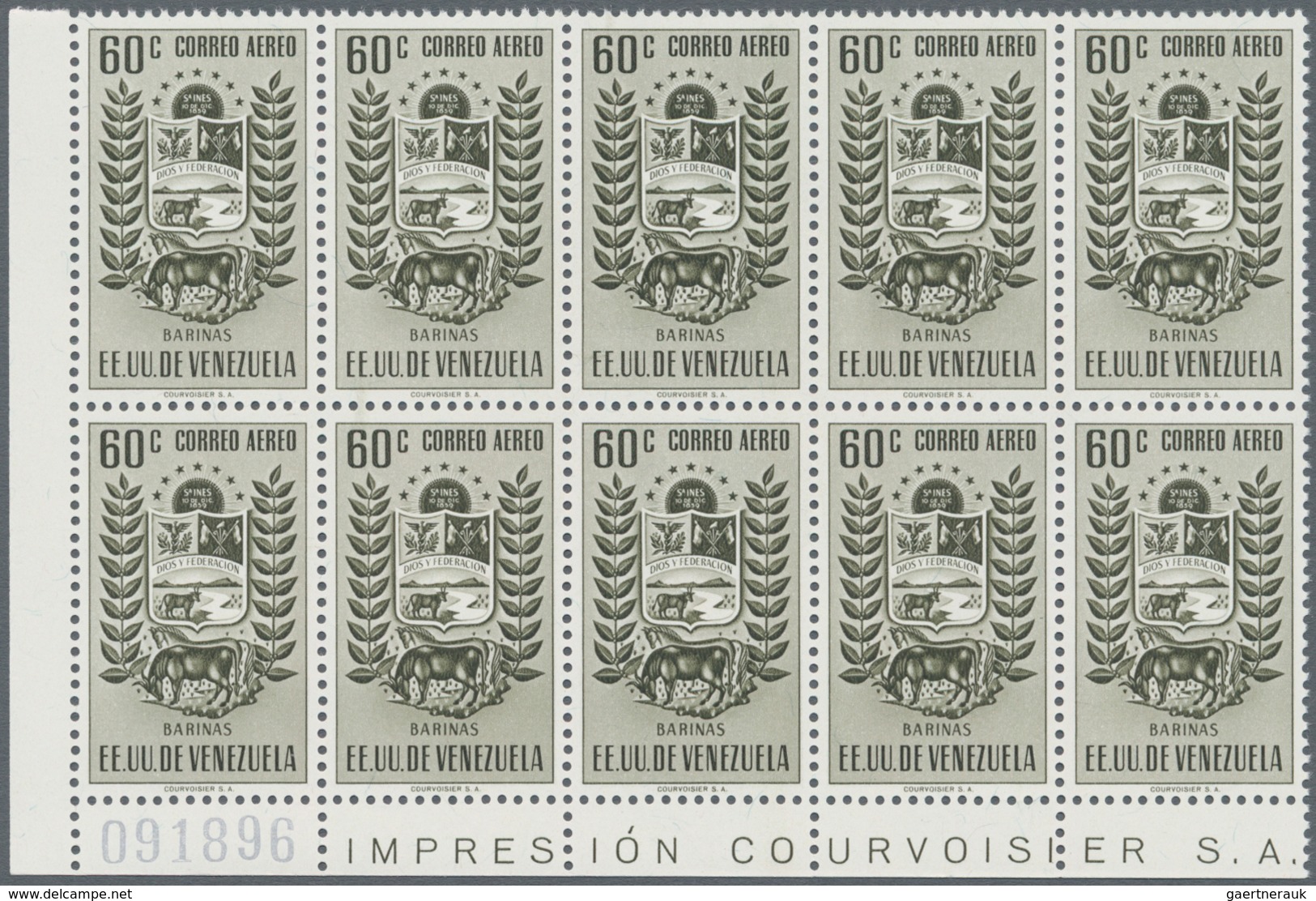 Venezuela: 1953, Coat Of Arms 'BARINAS‘ Airmail Stamps Complete Set Of Nine In Blocks Of Ten From Di - Venezuela