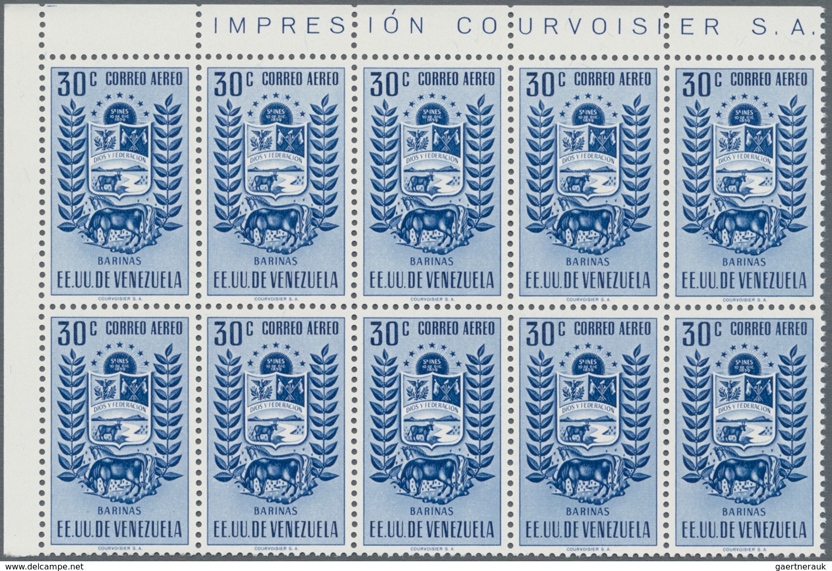 Venezuela: 1953, Coat of Arms 'BARINAS‘ airmail stamps complete set of nine in blocks of ten from di