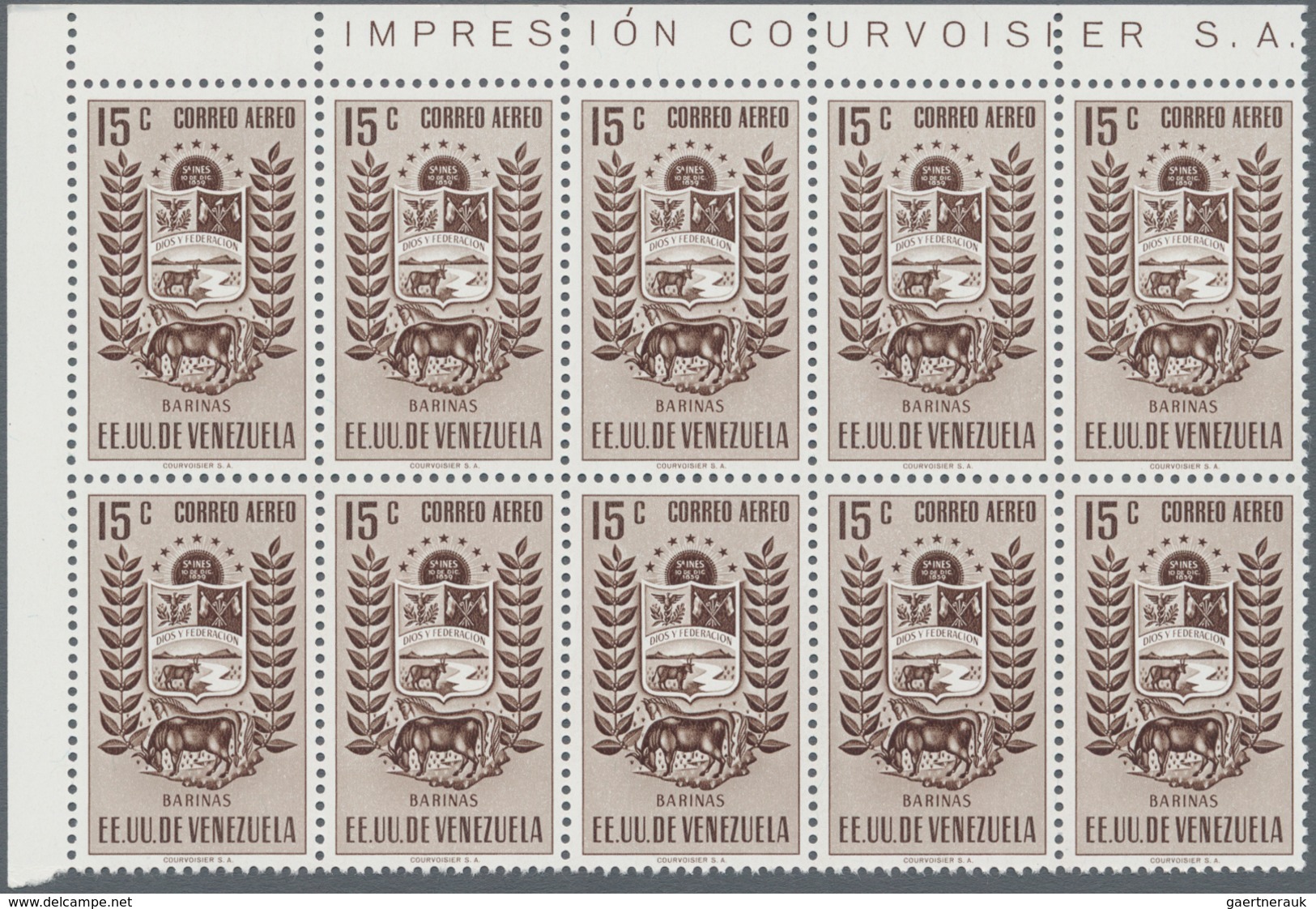 Venezuela: 1953, Coat of Arms 'BARINAS‘ airmail stamps complete set of nine in blocks of ten from di