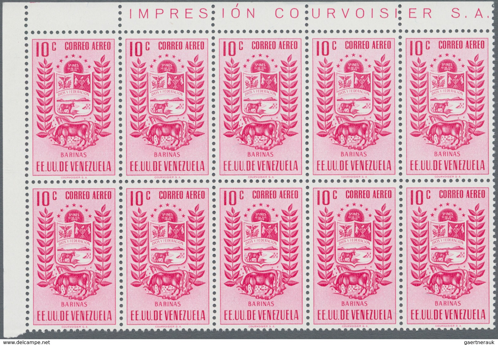 Venezuela: 1953, Coat of Arms 'BARINAS‘ airmail stamps complete set of nine in blocks of ten from di