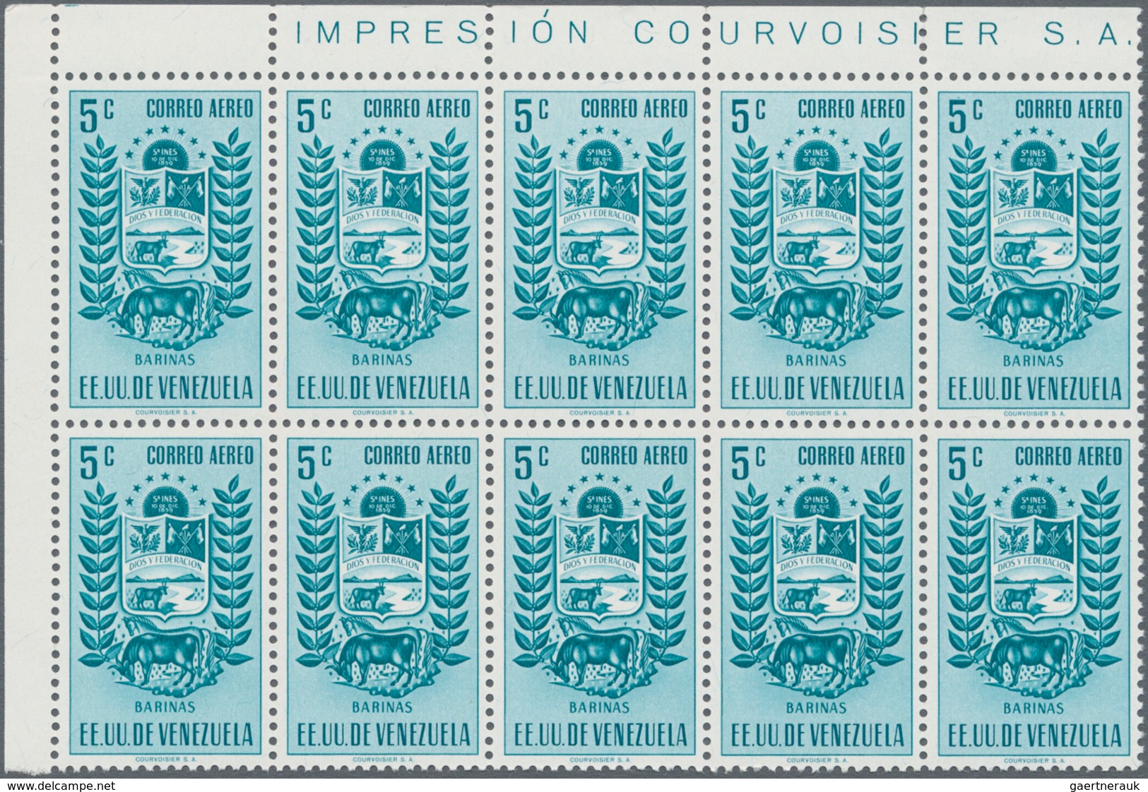 Venezuela: 1953, Coat of Arms 'BARINAS‘ airmail stamps complete set of nine in blocks of ten from di