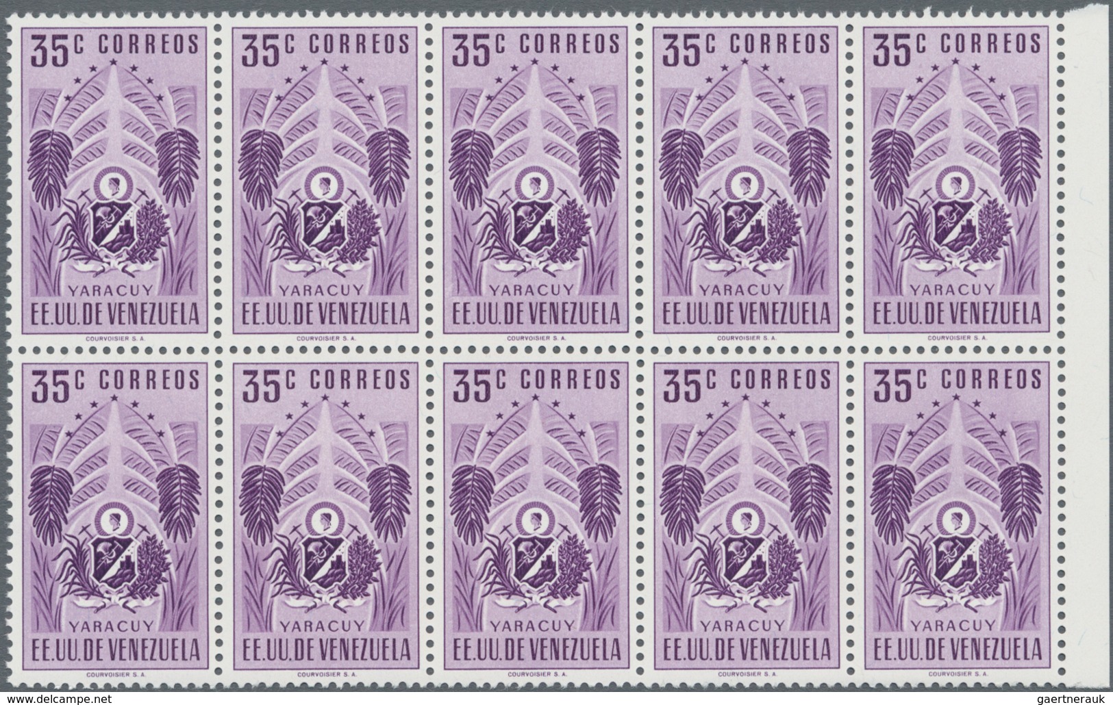 Venezuela: 1953, Coat Of Arms 'YARACUY‘ Normal Stamps Complete Set Of Seven In Blocks Of Ten From Ri - Venezuela
