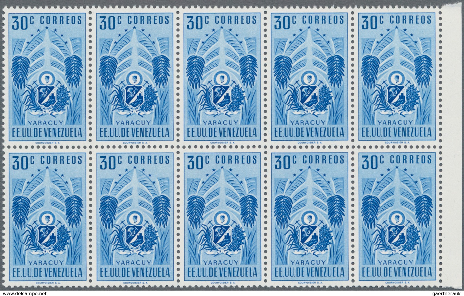 Venezuela: 1953, Coat Of Arms 'YARACUY‘ Normal Stamps Complete Set Of Seven In Blocks Of Ten From Ri - Venezuela