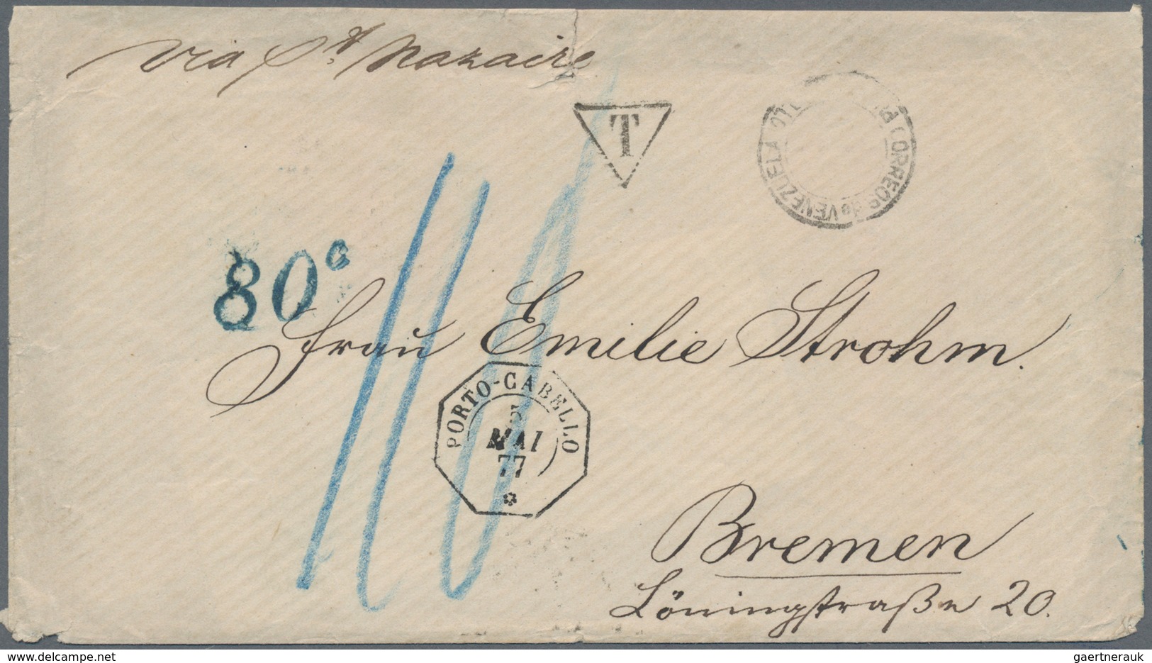 Venezuela - Schiffspost: 1877, Stampless Envelope With French Octagon-cancel "PORTO CABALLO 5 MAI 77 - Venezuela