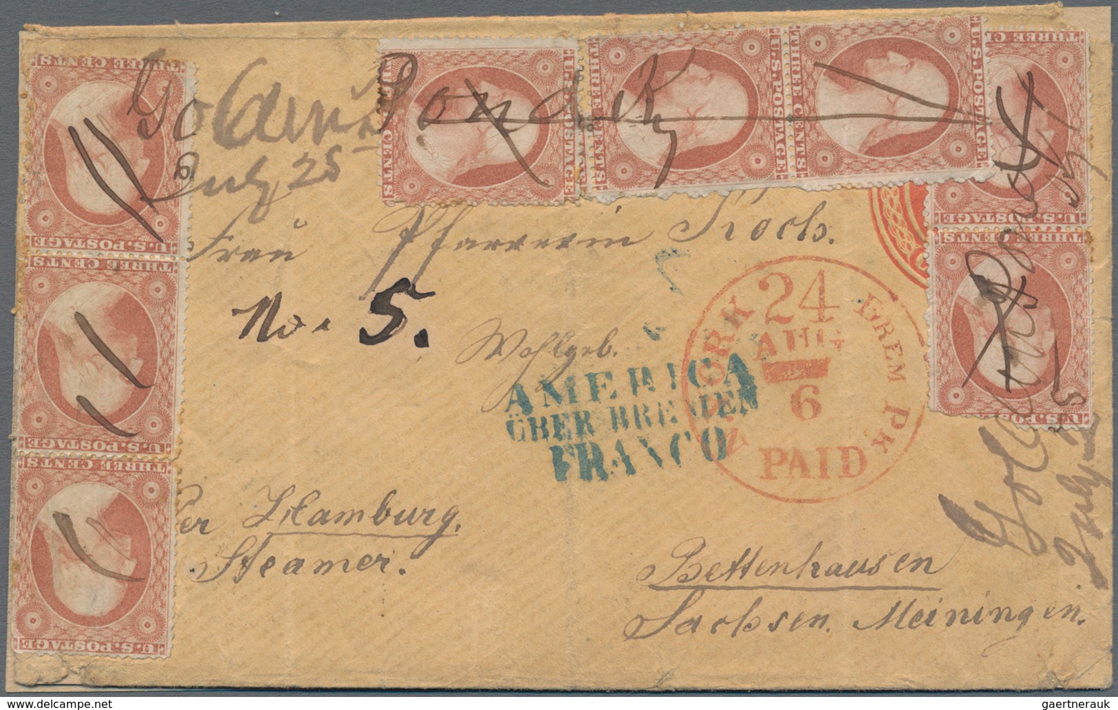 Vereinigte Staaten Von Amerika: 1857, Stationery Envelope 3 C Red (used As Envelope) Uprated 8x Wash - Used Stamps