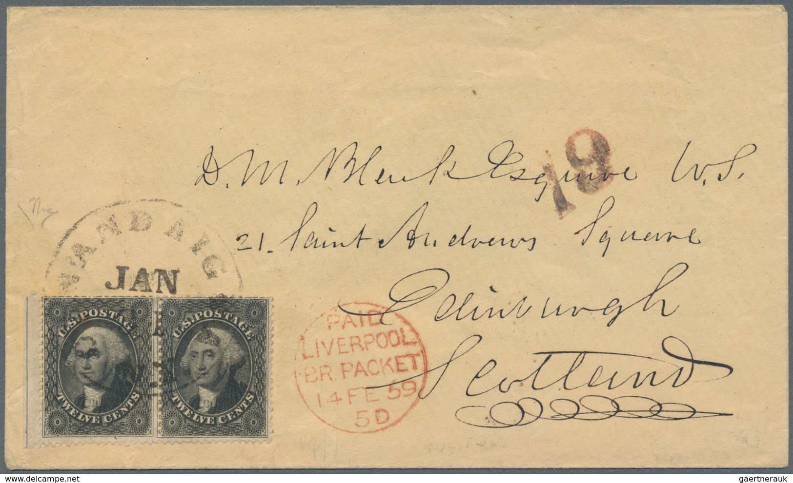 Vereinigte Staaten Von Amerika: 1859, Small Envelope Franked With Margin Pair 12 Cent Washington Can - Gebruikt