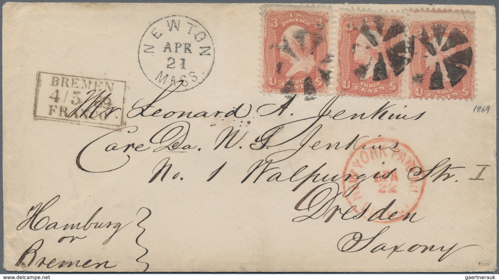 Vereinigte Staaten Von Amerika: 1861, Envelope Bearing Washington 3x 3 C Red Sent From "NEWTON APR 2 - Gebraucht