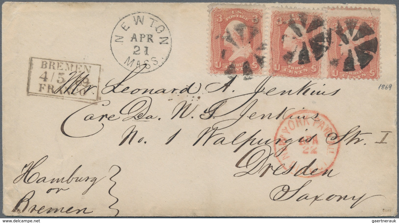 Vereinigte Staaten Von Amerika: 1861, Envelope Bearing Washington 3x 3 C Red Sent From "NEWTON APR 2 - Used Stamps