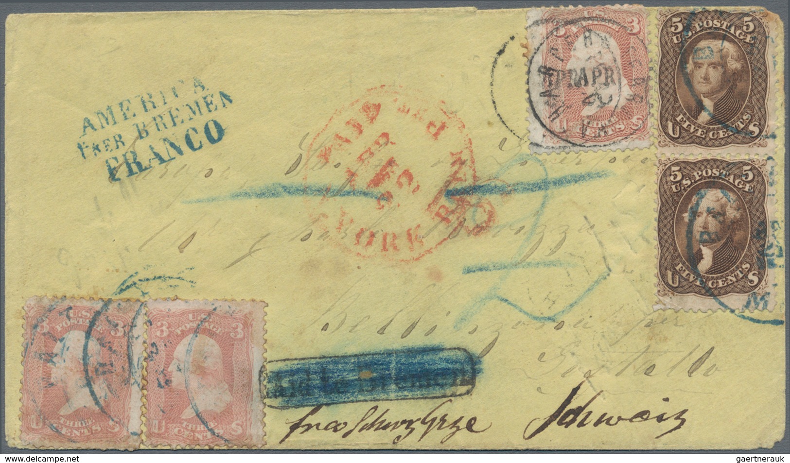 Vereinigte Staaten Von Amerika: 1861, Envelope Bearing Washington 3x 3 C Red And Jefferson 2x 5 C Br - Used Stamps