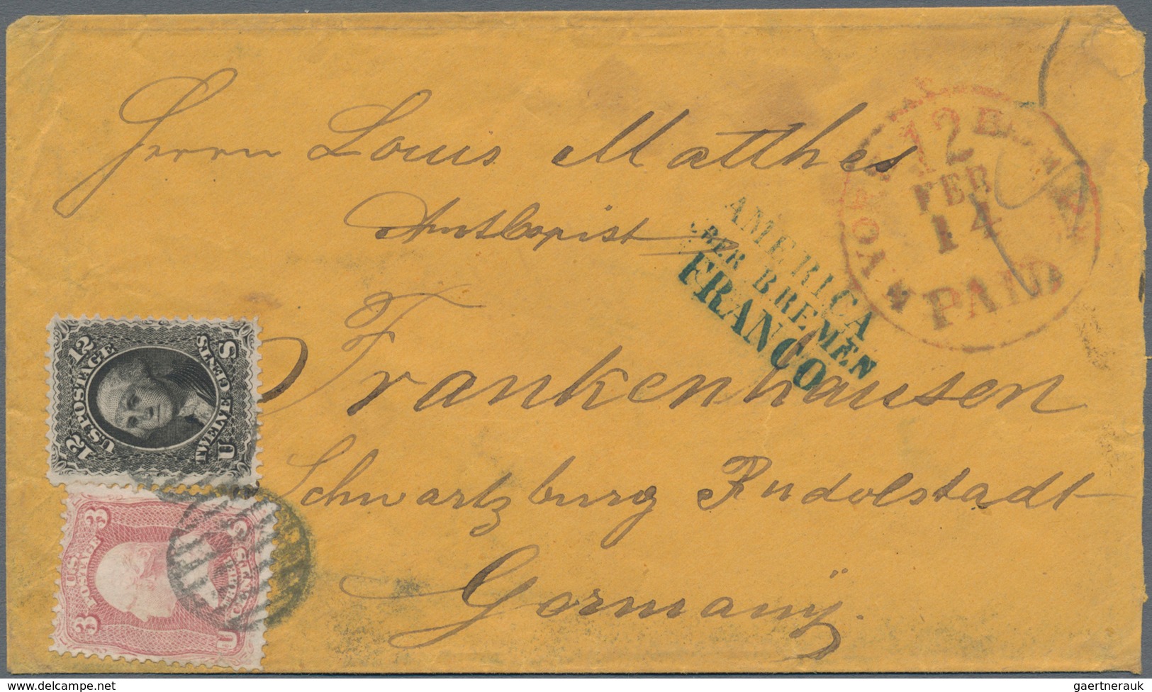 Vereinigte Staaten Von Amerika: 1861, Envelope Bearing Washington 12 C Black And 3 C Red Tied By Bar - Used Stamps