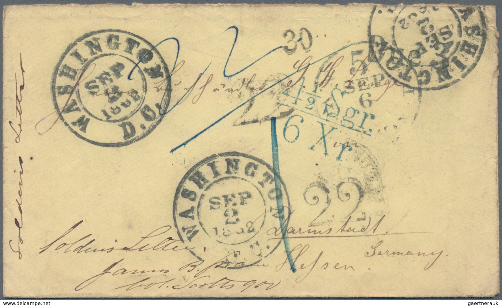 Vereinigte Staaten Von Amerika: 1862, Stampless Cover From "WASHINGTON D.C. SEP 2 1862" To Darmstadt - Used Stamps