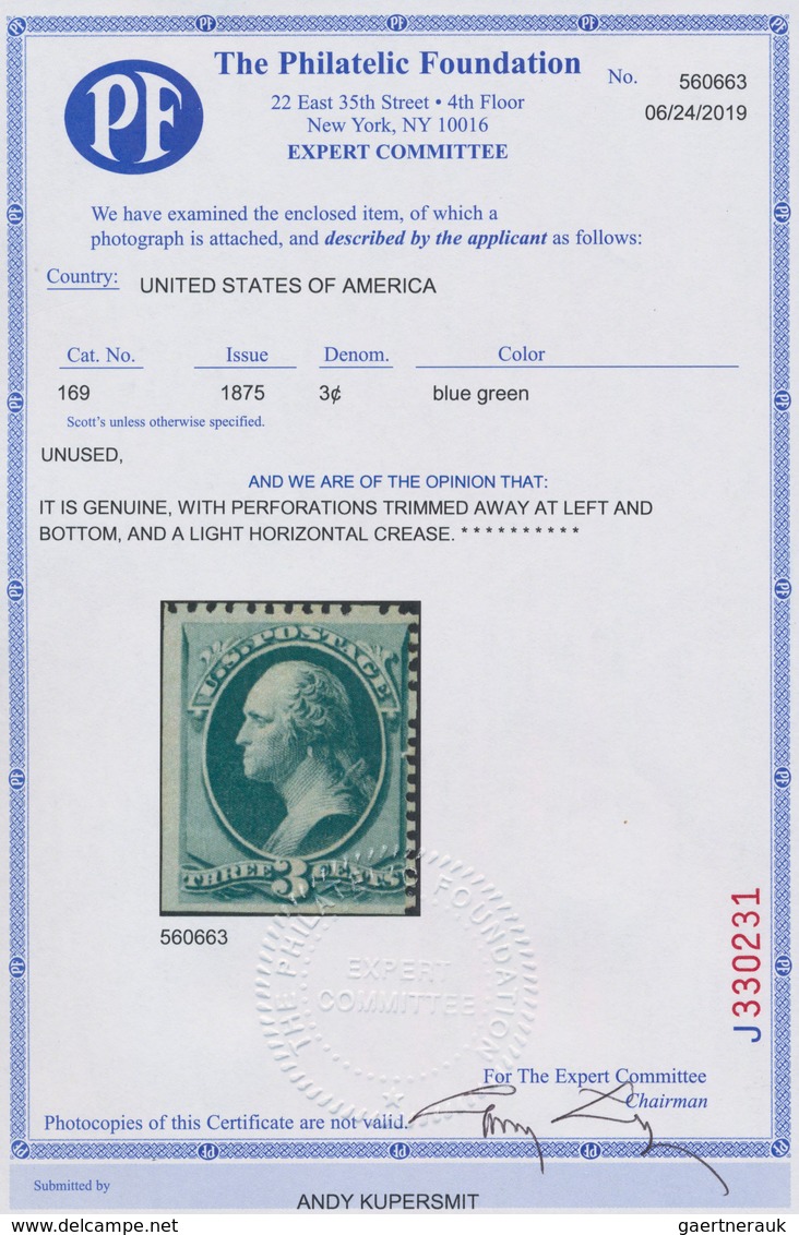 Vereinigte Staaten Von Amerika: 1875 Special Printing 3c. Blue-green, Perf 12, Unused Without Gum As - Gebruikt