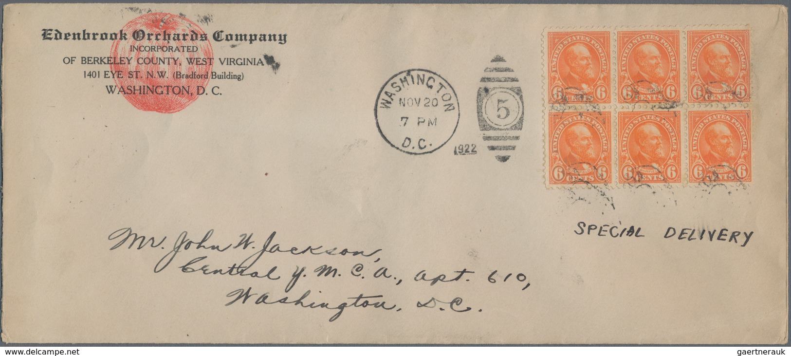 Vereinigte Staaten Von Amerika: 1922. 6c Garfield Perf 11 (Scott 558), Horizontal Block Of Six, Tied - Used Stamps