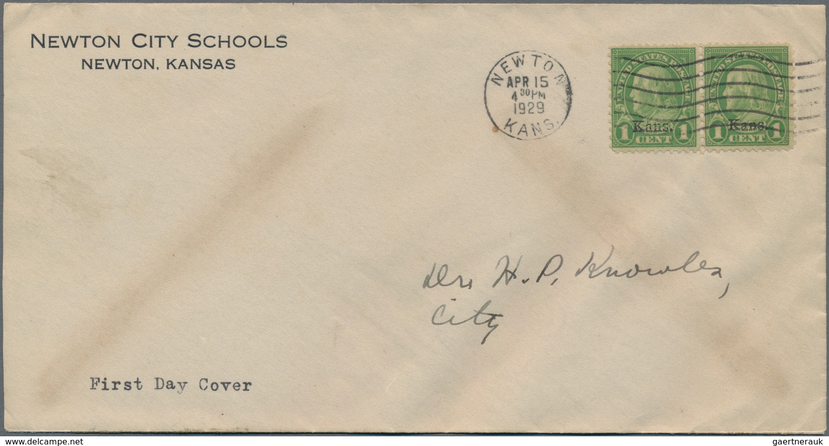 Vereinigte Staaten Von Amerika: 1929. 1c Kansas (Scott 658), Pair, Tied By "Newton Kans. Apr. 15 192 - Gebraucht