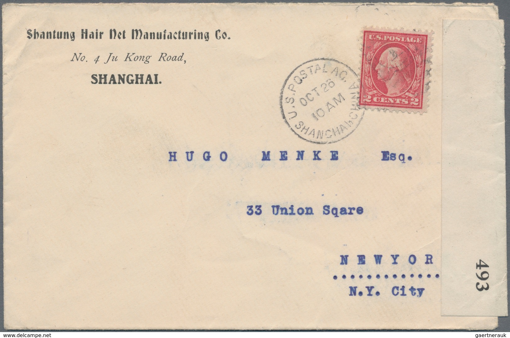 Vereinigte Staaten Von Amerika - Post In China: 1917 (ca.), Unovpt. Washington 2 C. Tied Duplex "U.S - China (Sjanghai)