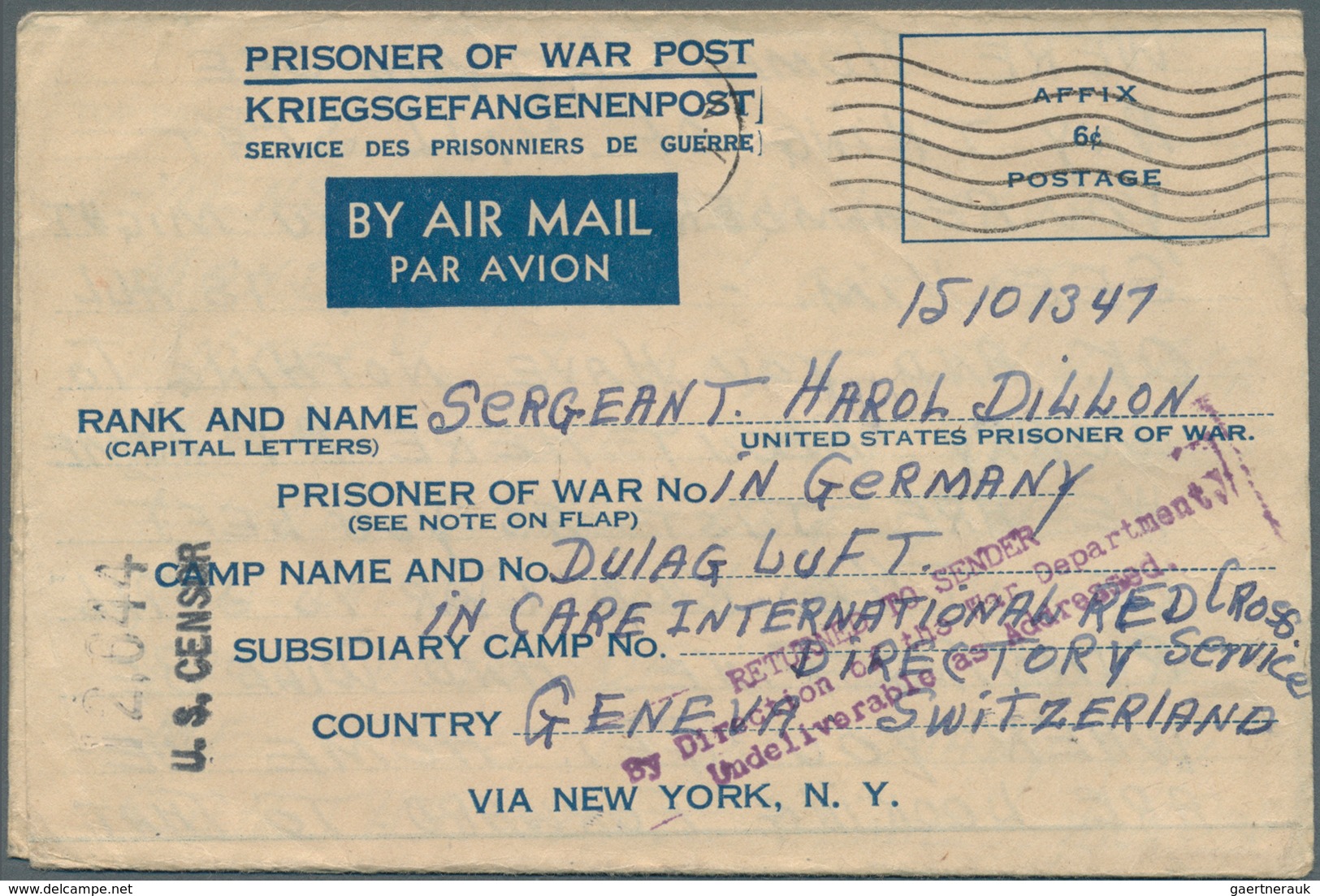 Vereinigte Staaten von Amerika - Militärpost / Feldpost: 1944/1945, five POW airmail lettersheets us