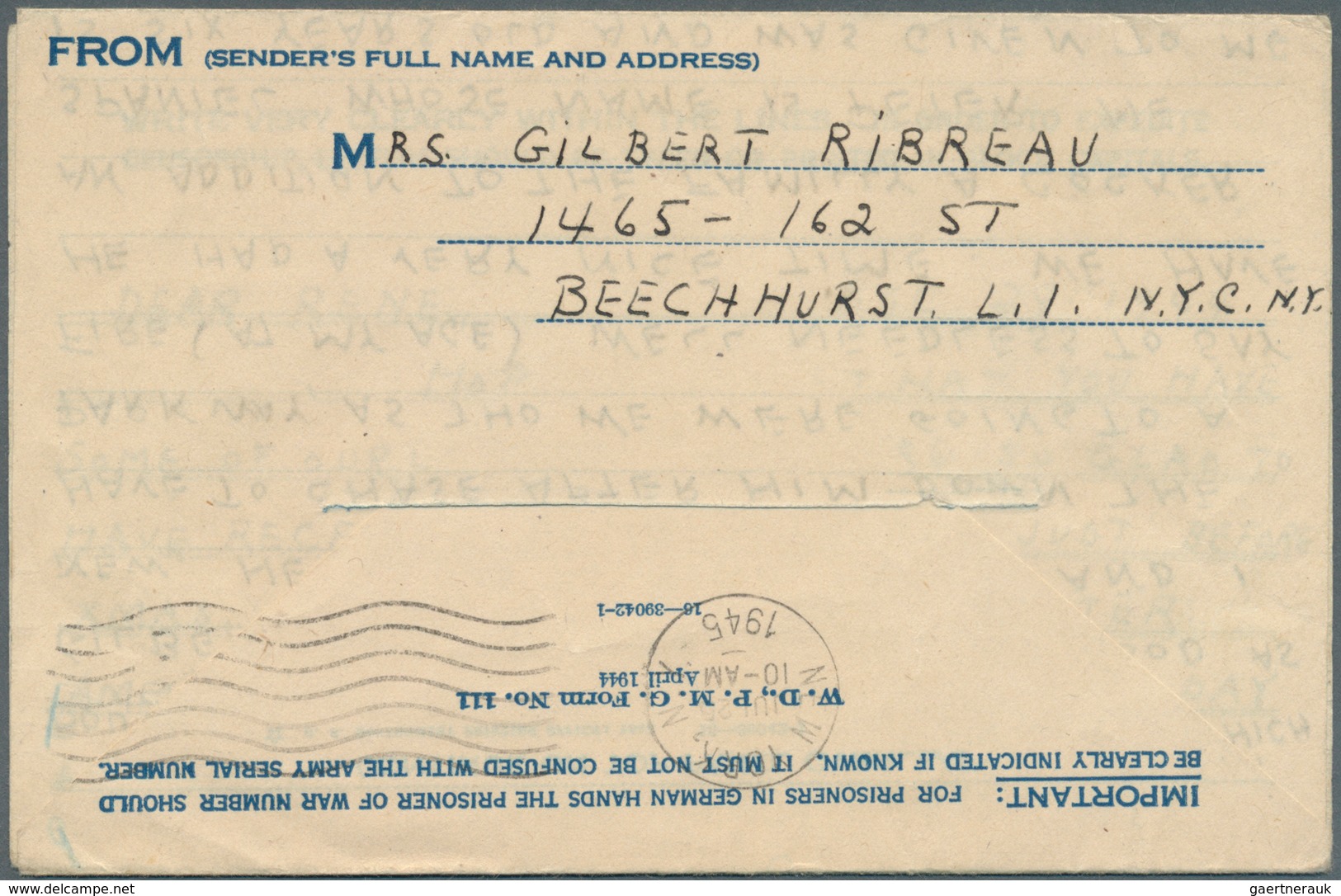 Vereinigte Staaten von Amerika - Militärpost / Feldpost: 1944/1945, five POW airmail lettersheets us