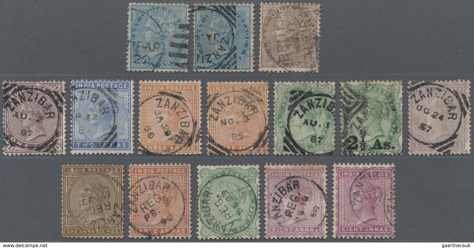 Zanzibar: 1865-1921 INDIA Used In ZANZIBAR: Group Of 19 Indian Stamps Used And Cance4lled By Various - Zanzibar (...-1963)