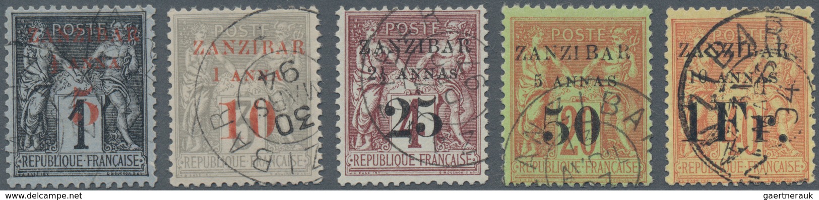 Zanzibar: 1894, 1/2 A Black To 10 A Orange Overprint Stamps Cancelled With Double Circle Postmarks, - Zanzibar (...-1963)