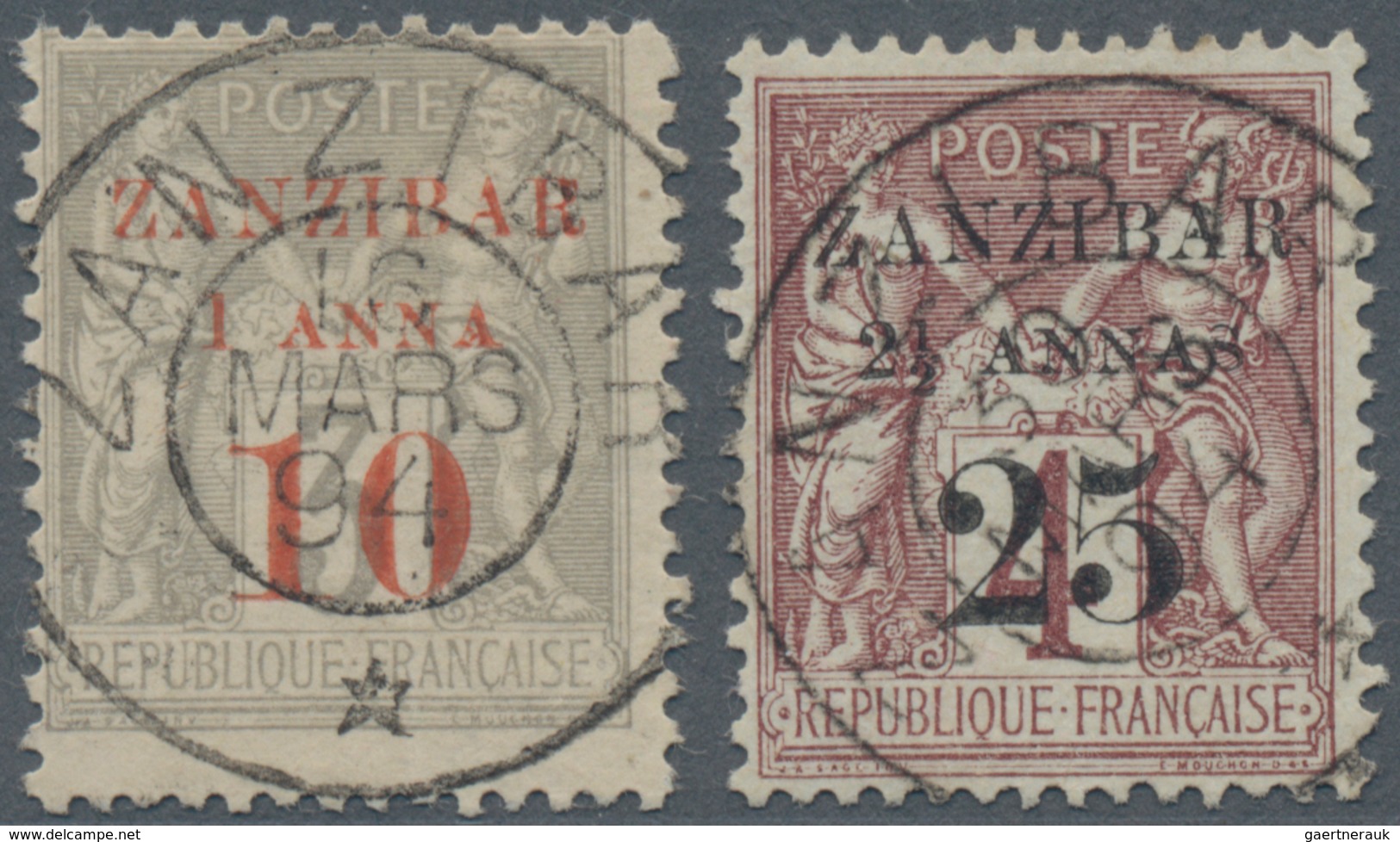 Zanzibar: 1894, 1 A Red On Grey And 2 1/2 A Black On Brown Overprint Stamps Cancelled In Good Condit - Zanzibar (...-1963)