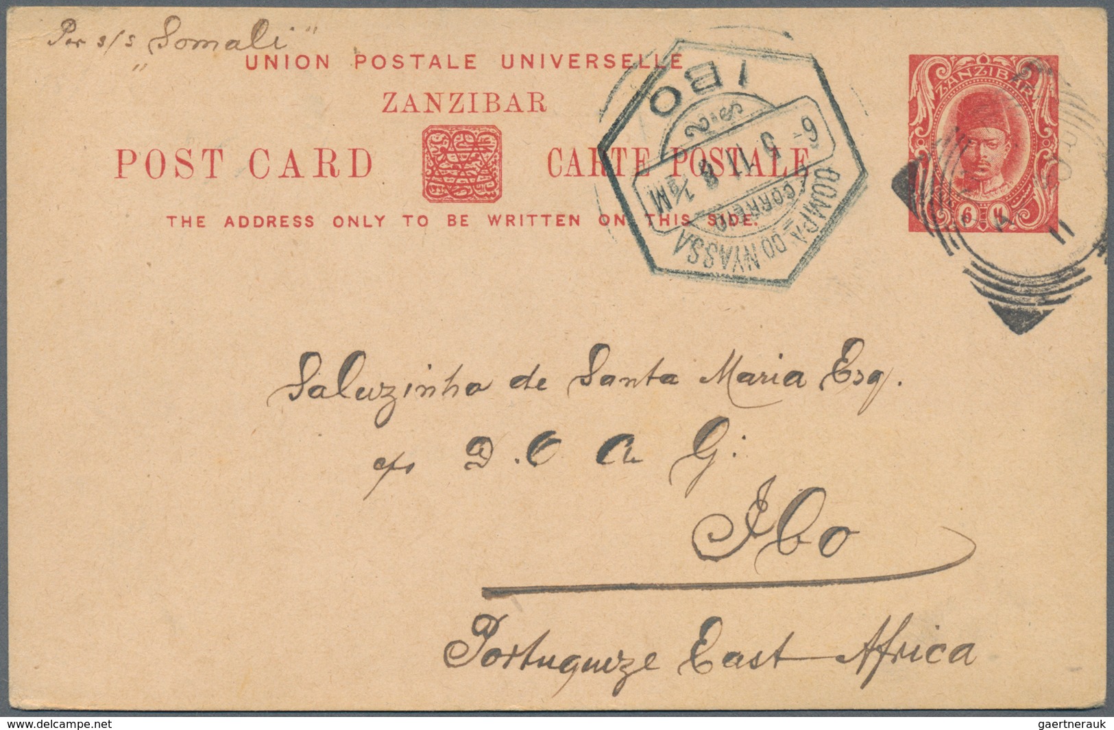 Zanzibar - Ganzsachen: 1911, Postcard 'Sultan Ali-ben-Hamud' 6c. Carmine Commercially Used With Squa - Zanzibar (...-1963)