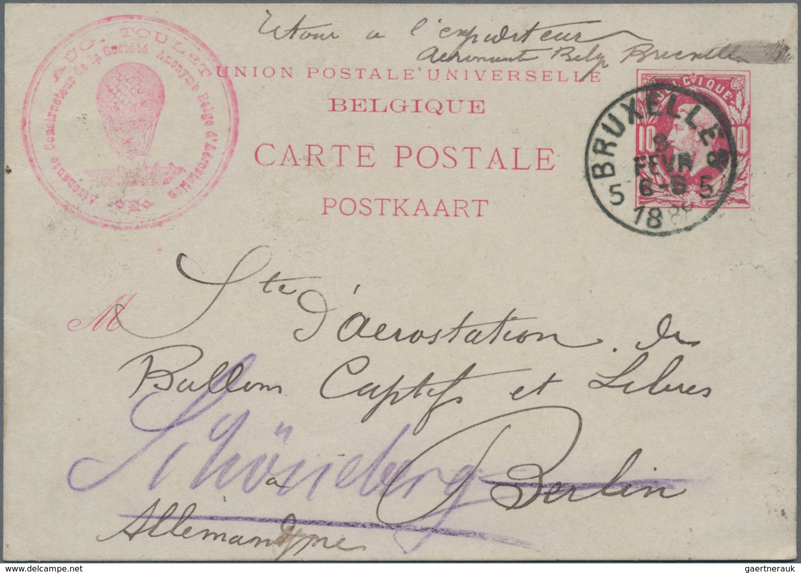 Ballonpost: 1888, Belgium. Postcard 10c With Red Balloon Cachet Of The Belgian Professionale Balloon - Airships
