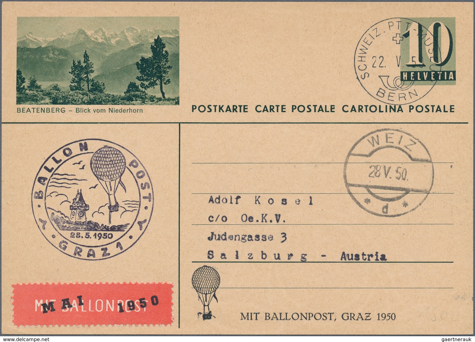 Ballonpost: 1950, ÖSTERREICH: Schweiz Bildpostkarte 10 C. Als Zuleitung Für Die Ballonpost Von Graz - Luchtballons