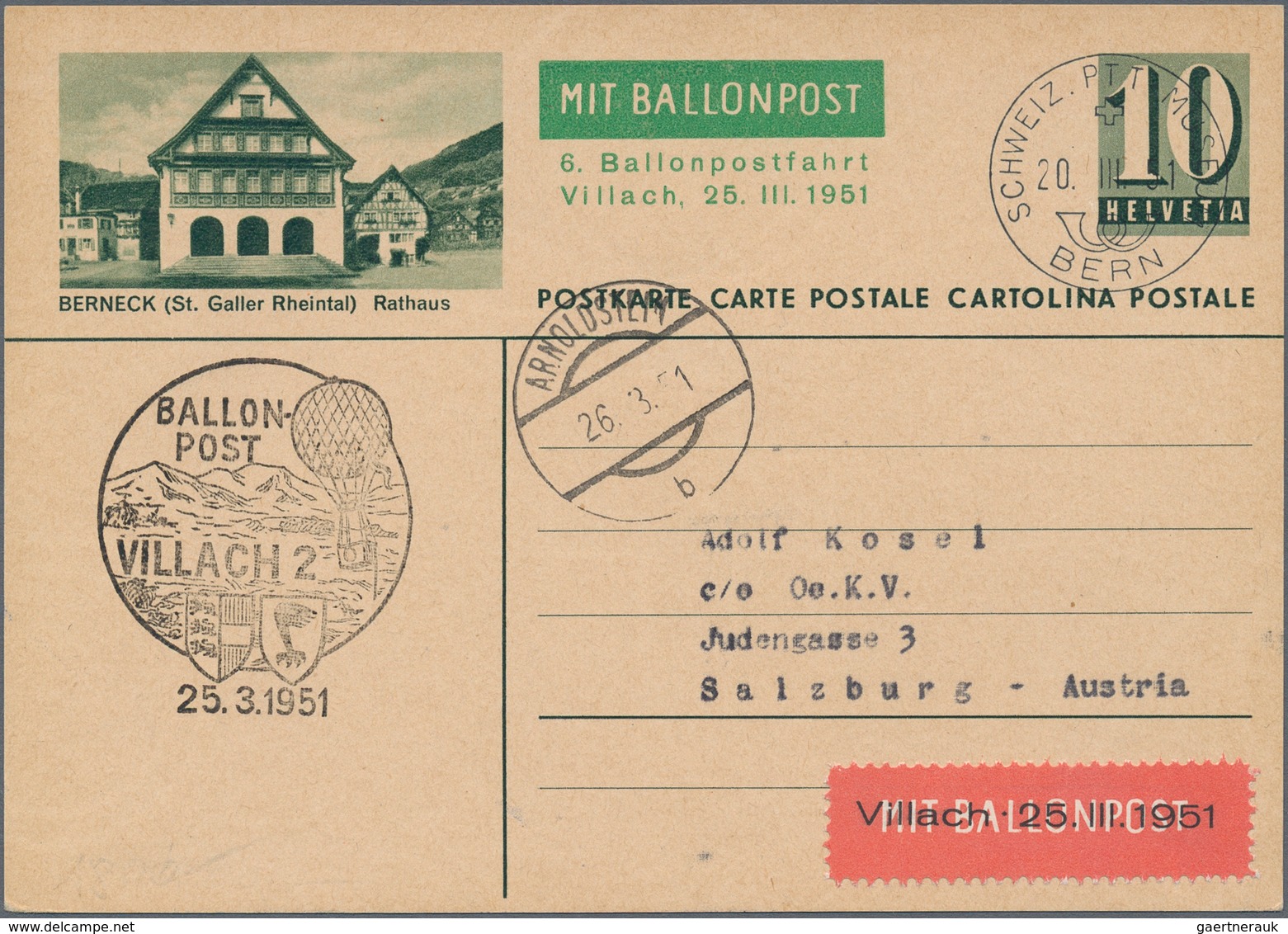 Ballonpost: 1951, ÖSTERREICH: Schweiz Bildpostkarte 10 C. Als Zuleitung Für Die Ballonpost Von Villa - Luchtballons