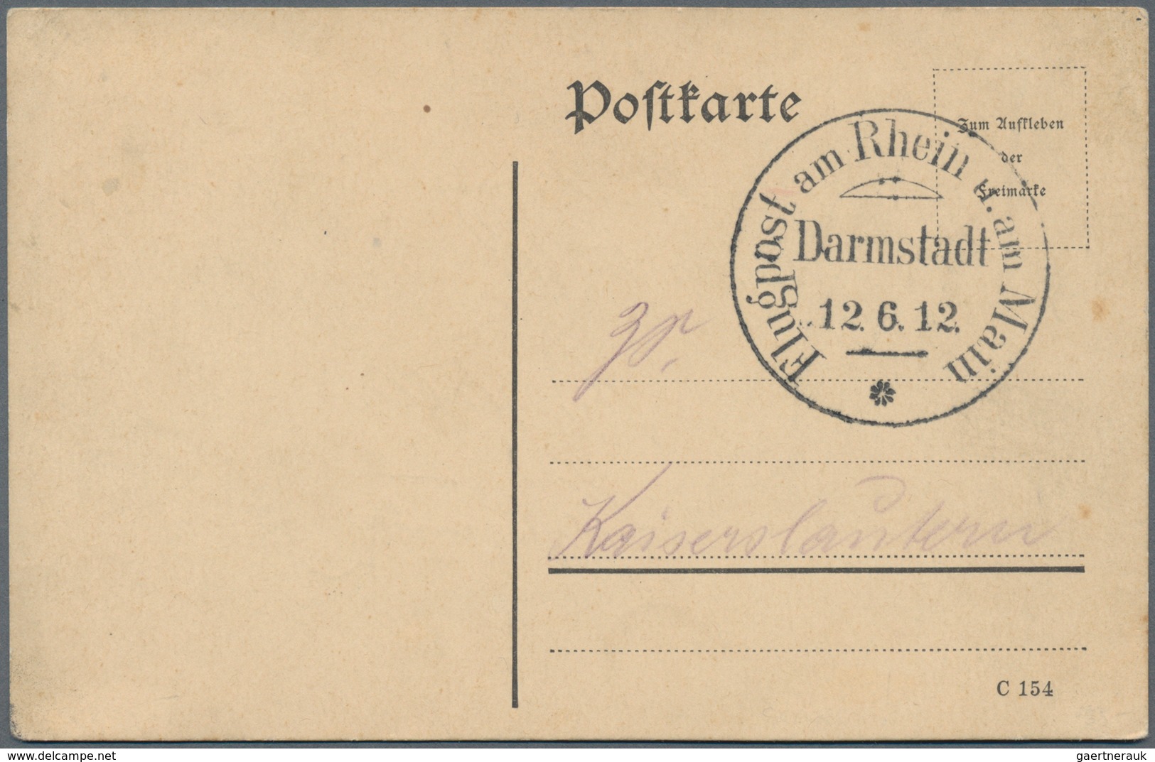 Flugpost Deutschland: 1912, DARMSTADT RHEIN MAIN UNIKAT, Portofreie Postkarte Der ZS (= Zeitungsstel - Airmail & Zeppelin