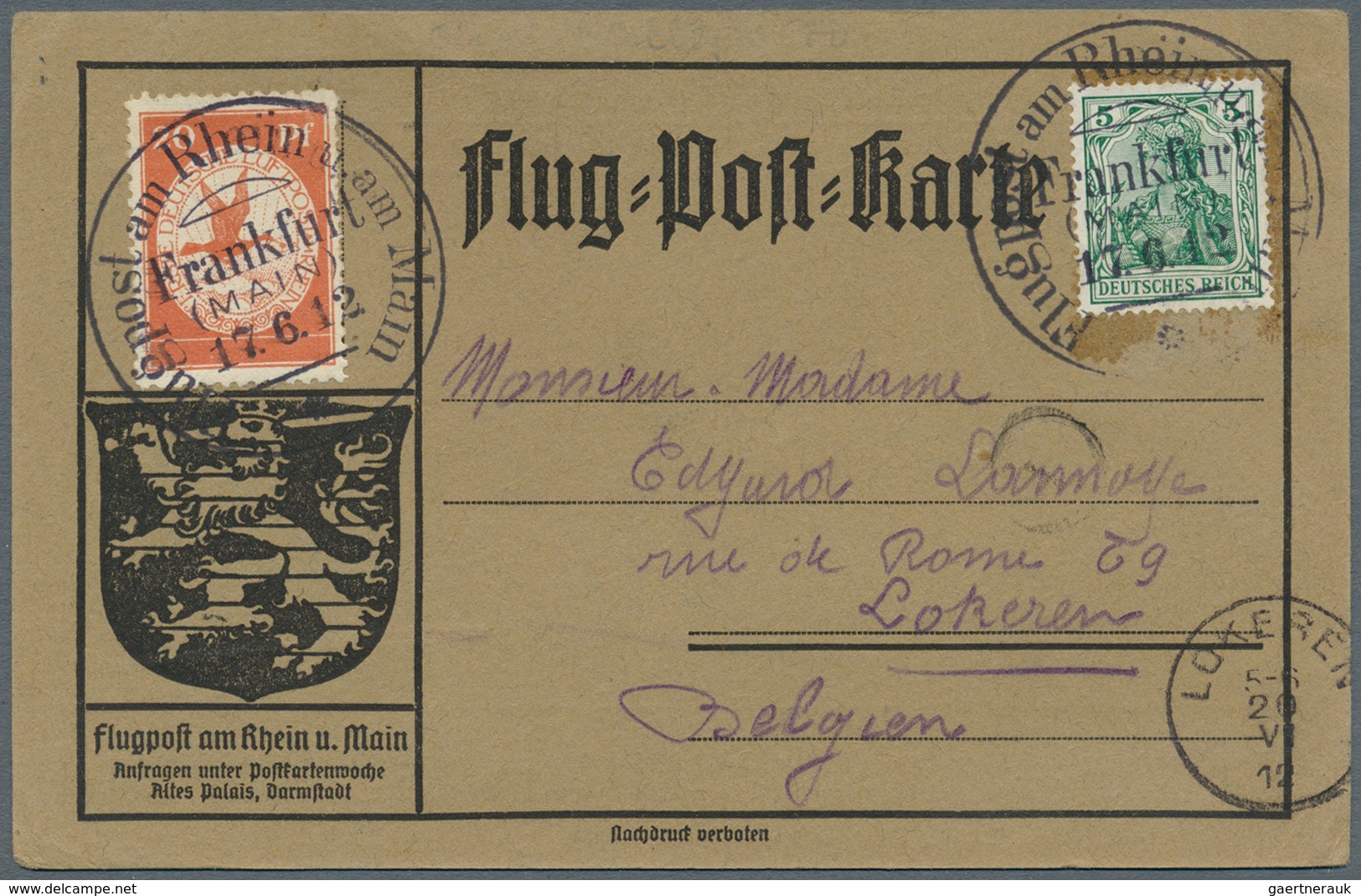 Flugpost Deutschland: 1912, Flugpost Rhein Main. SST "Frankfurt/Main 17.6.12" Mit Mi. 85 Und Mi. II - Luft- Und Zeppelinpost
