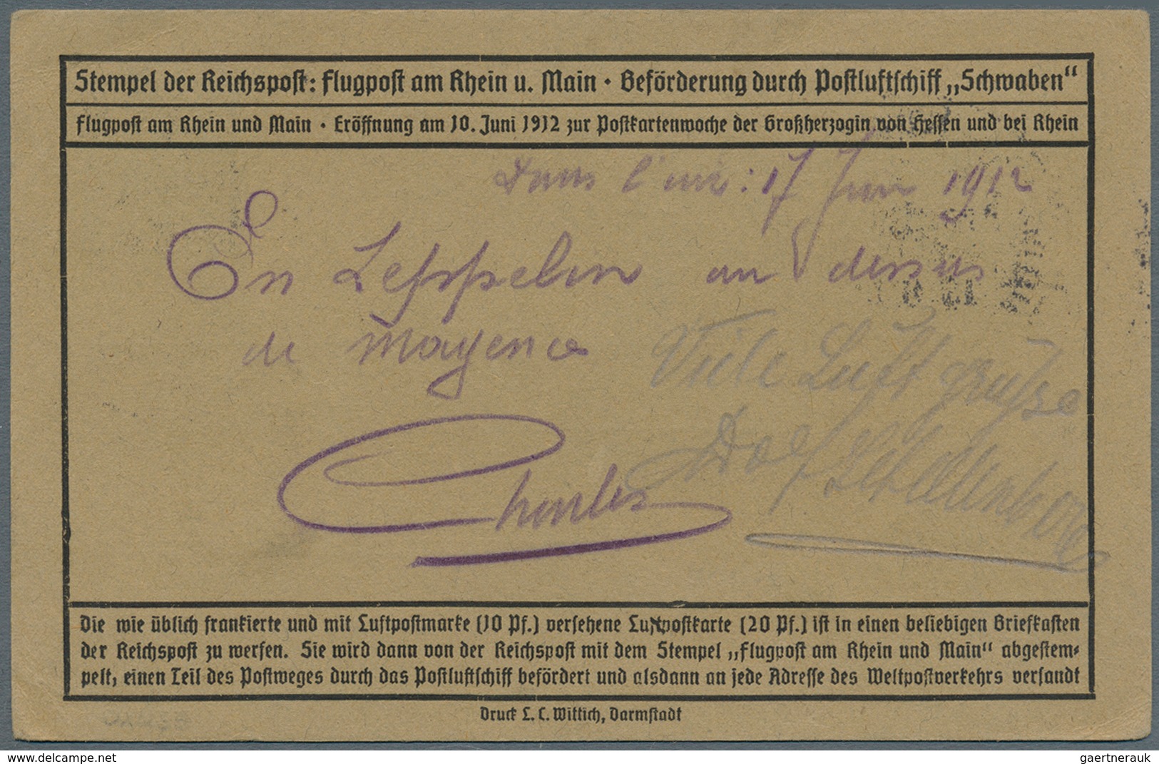 Flugpost Deutschland: 1912, Flugpost Rhein Main. SST "Frankfurt/Main 17.6.12" Mit Mi. 85 Und Mi. II - Poste Aérienne & Zeppelin