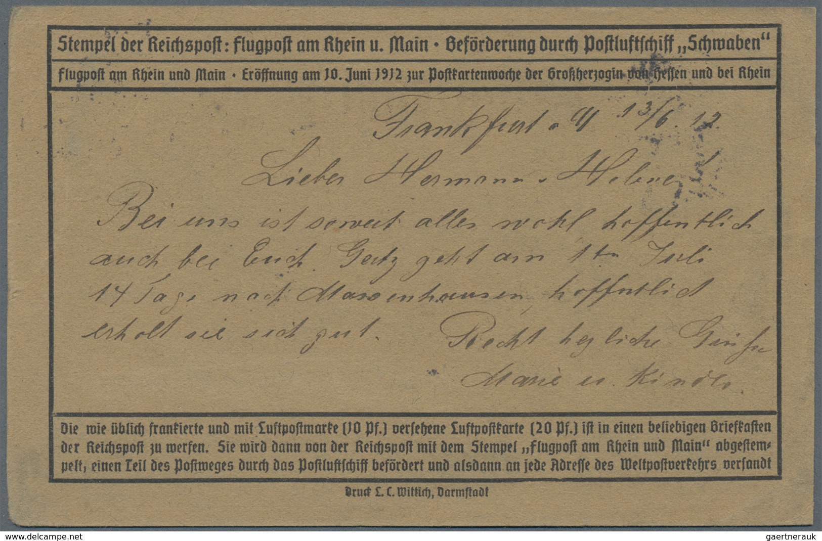 Flugpost Deutschland: 1912, FLUGPOST RHEIN MAIN SST. FRANKFURT 13.6. Auf Graubrauner Flugpostkarte N - Luft- Und Zeppelinpost