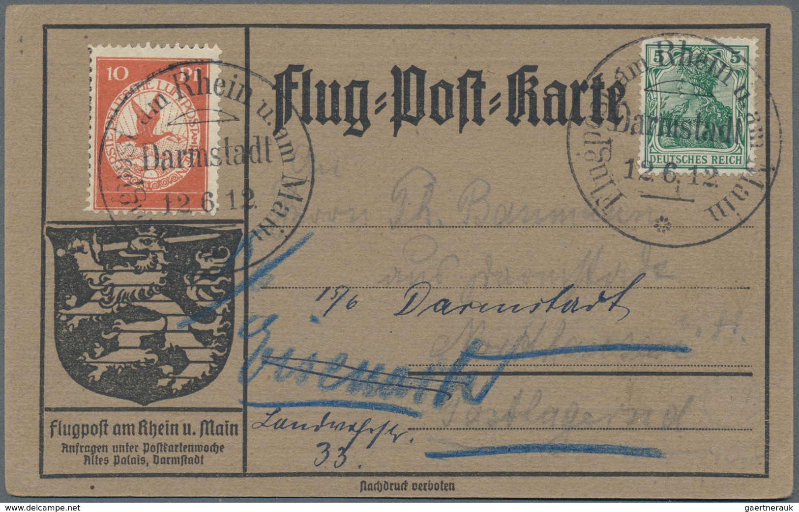 Flugpost Deutschland: 1912, FLUGPOST RHEIN MAIN, Ersttag-Sonderstempel 12.6. DARMSTADT Auf Graubraun - Luchtpost & Zeppelin